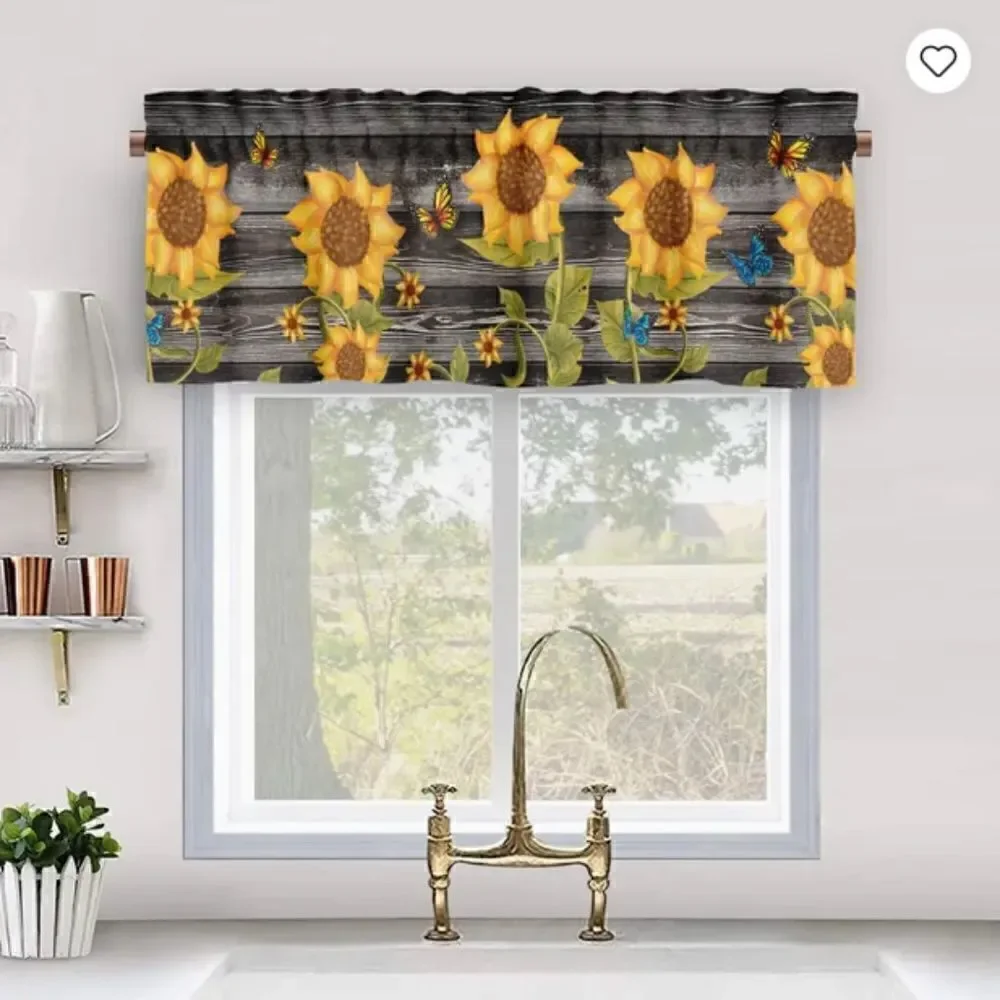 NEW! Farmhouse Trendy Wood Grain Look Sunflower Window Valance Country Cottage